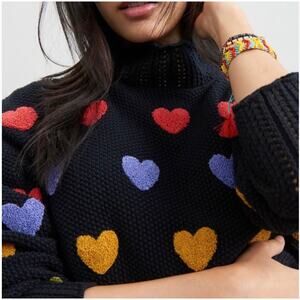 Anthropologie Black Multicolor Heart Sweater Mock Neck Chunky Knit Small